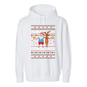 Santa Claus With Deer And Beer Merry Christmas Party Cool Gift Garment-Dyed Fleece Hoodie