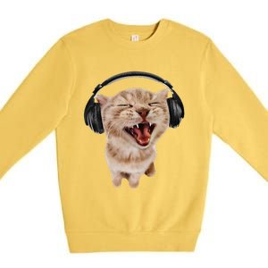 Silly Cat With Headphones Premium Crewneck Sweatshirt