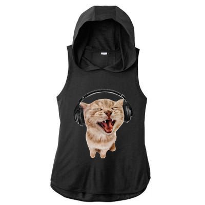 Silly Cat With Headphones Ladies PosiCharge Tri-Blend Wicking Draft Hoodie Tank