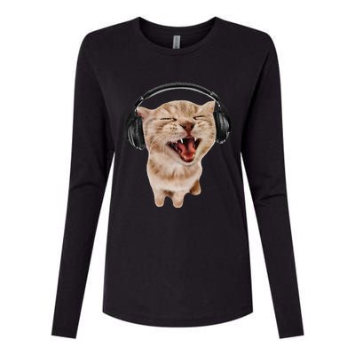 Silly Cat With Headphones Womens Cotton Relaxed Long Sleeve T-Shirt