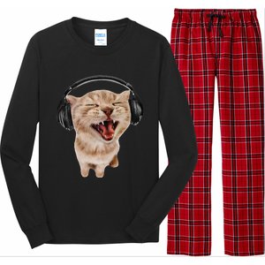 Silly Cat With Headphones Long Sleeve Pajama Set