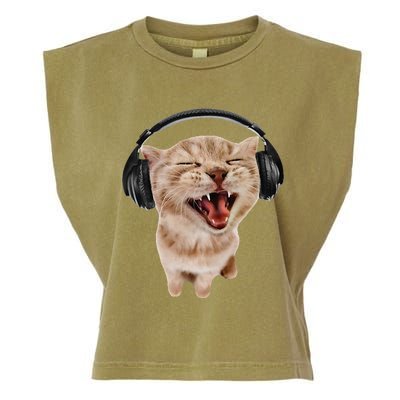 Silly Cat With Headphones Garment-Dyed Women's Muscle Tee