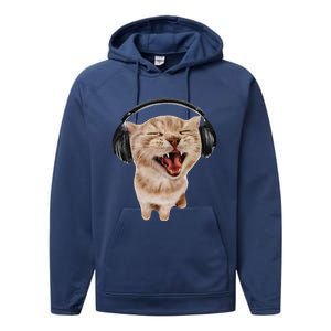 Silly Cat With Headphones Performance Fleece Hoodie