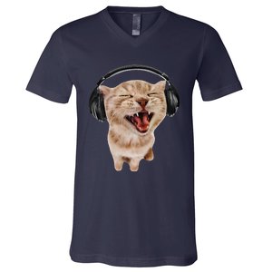 Silly Cat With Headphones V-Neck T-Shirt