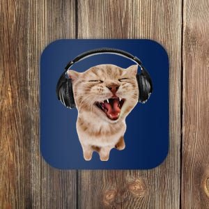 Silly Cat With Headphones Coaster