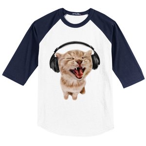 Silly Cat With Headphones Baseball Sleeve Shirt