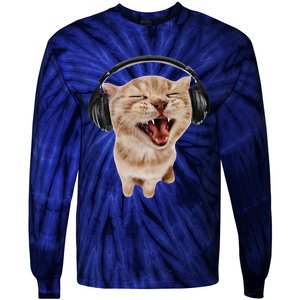 Silly Cat With Headphones Tie-Dye Long Sleeve Shirt