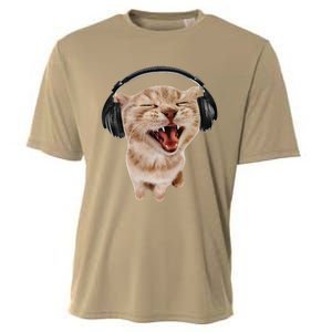 Silly Cat With Headphones Cooling Performance Crew T-Shirt