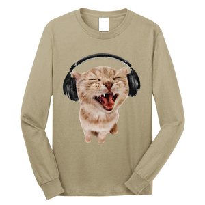 Silly Cat With Headphones Long Sleeve Shirt