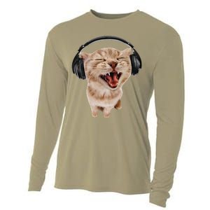 Silly Cat With Headphones Cooling Performance Long Sleeve Crew