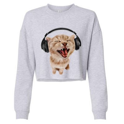 Silly Cat With Headphones Cropped Pullover Crew