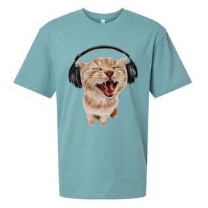 Silly Cat With Headphones Sueded Cloud Jersey T-Shirt