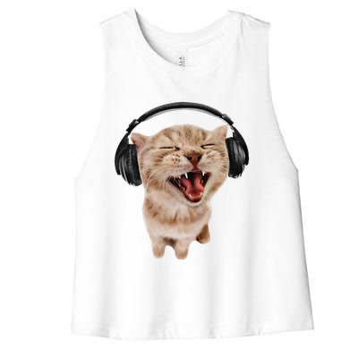 Silly Cat With Headphones Women's Racerback Cropped Tank