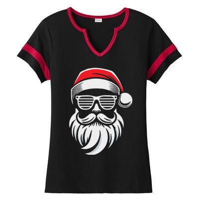 Santa Claus With Sunglasses And Beard For Christmas Family Ladies Halftime Notch Neck Tee