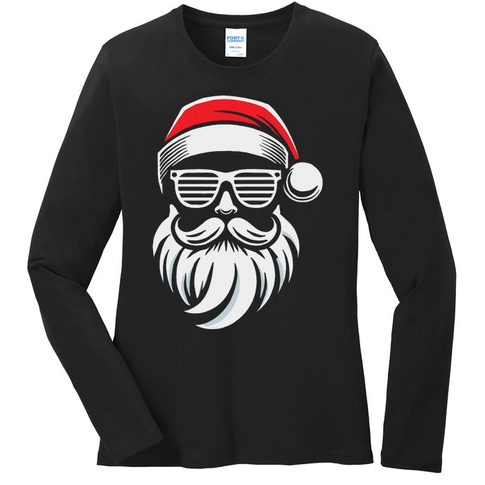 Santa Claus With Sunglasses And Beard For Christmas Family Ladies Long Sleeve Shirt