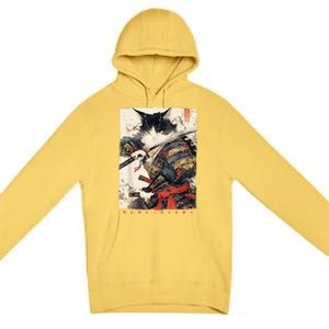 Samurai Cat Warrior Ukiyo Ink Artwork Cat Samurai Premium Pullover Hoodie