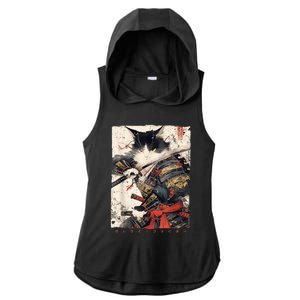 Samurai Cat Warrior Ukiyo Ink Artwork Cat Samurai Ladies PosiCharge Tri-Blend Wicking Draft Hoodie Tank