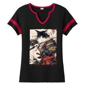 Samurai Cat Warrior Ukiyo Ink Artwork Cat Samurai Ladies Halftime Notch Neck Tee