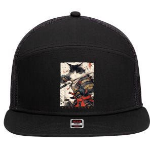 Samurai Cat Warrior Ukiyo Ink Artwork Cat Samurai 7 Panel Mesh Trucker Snapback Hat