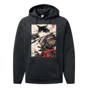 Samurai Cat Warrior Ukiyo Ink Artwork Cat Samurai Performance Fleece Hoodie