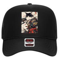 Samurai Cat Warrior Ukiyo Ink Artwork Cat Samurai High Crown Mesh Back Trucker Hat