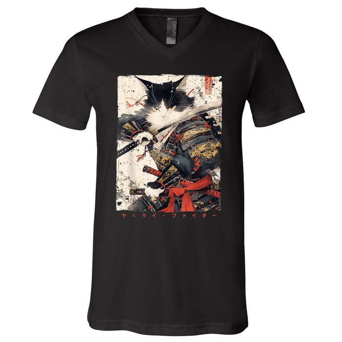 Samurai Cat Warrior Ukiyo Ink Artwork Cat Samurai V-Neck T-Shirt