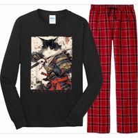 Samurai Cat Warrior Ukiyo Ink Artwork Cat Samurai Long Sleeve Pajama Set