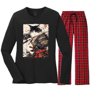 Samurai Cat Warrior Ukiyo Ink Artwork Cat Samurai Women's Long Sleeve Flannel Pajama Set 