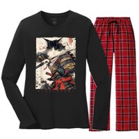 Samurai Cat Warrior Ukiyo Ink Artwork Cat Samurai Women's Long Sleeve Flannel Pajama Set 