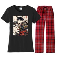 Samurai Cat Warrior Ukiyo Ink Artwork Cat Samurai Women's Flannel Pajama Set