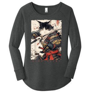 Samurai Cat Warrior Ukiyo Ink Artwork Cat Samurai Women's Perfect Tri Tunic Long Sleeve Shirt