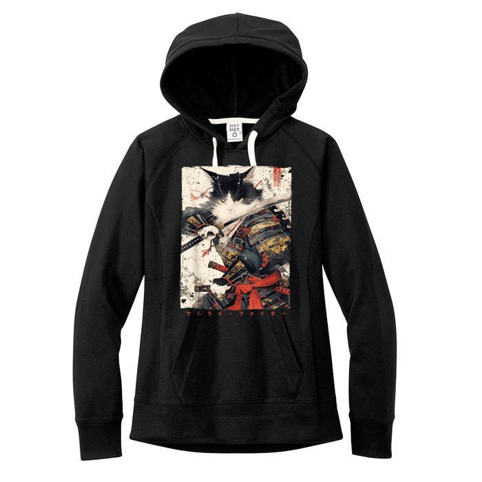 Samurai Cat Warrior Ukiyo Ink Artwork Cat Samurai Women's Fleece Hoodie