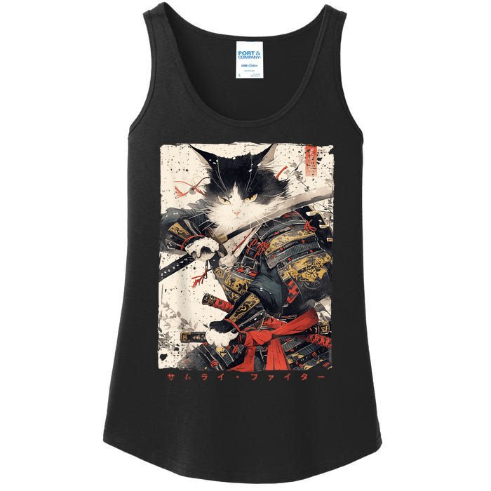 Samurai Cat Warrior Ukiyo Ink Artwork Cat Samurai Ladies Essential Tank