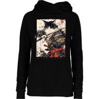 Samurai Cat Warrior Ukiyo Ink Artwork Cat Samurai Womens Funnel Neck Pullover Hood