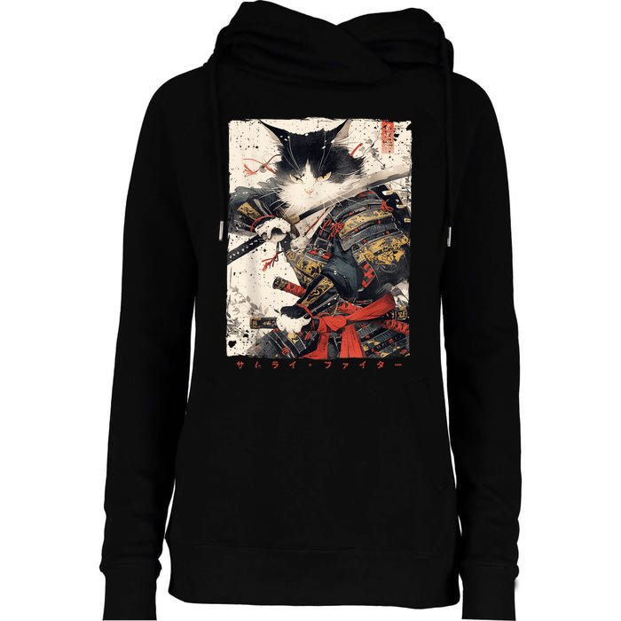 Samurai Cat Warrior Ukiyo Ink Artwork Cat Samurai Womens Funnel Neck Pullover Hood