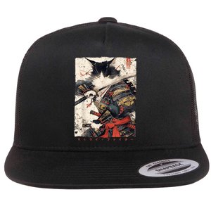 Samurai Cat Warrior Ukiyo Ink Artwork Cat Samurai Flat Bill Trucker Hat