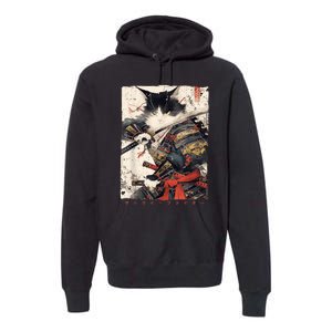 Samurai Cat Warrior Ukiyo Ink Artwork Cat Samurai Premium Hoodie