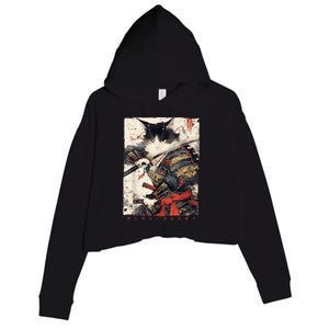 Samurai Cat Warrior Ukiyo Ink Artwork Cat Samurai Crop Fleece Hoodie