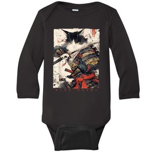 Samurai Cat Warrior Ukiyo Ink Artwork Cat Samurai Baby Long Sleeve Bodysuit