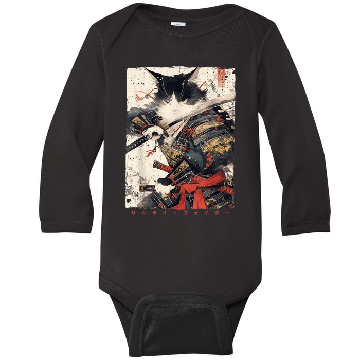 Samurai Cat Warrior Ukiyo Ink Artwork Cat Samurai Baby Long Sleeve Bodysuit