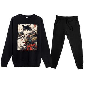 Samurai Cat Warrior Ukiyo Ink Artwork Cat Samurai Premium Crewneck Sweatsuit Set