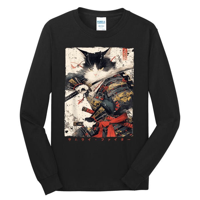 Samurai Cat Warrior Ukiyo Ink Artwork Cat Samurai Tall Long Sleeve T-Shirt