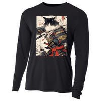 Samurai Cat Warrior Ukiyo Ink Artwork Cat Samurai Cooling Performance Long Sleeve Crew