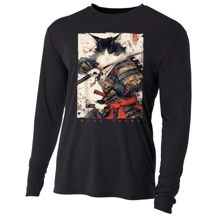 Samurai Cat Warrior Ukiyo Ink Artwork Cat Samurai Cooling Performance Long Sleeve Crew