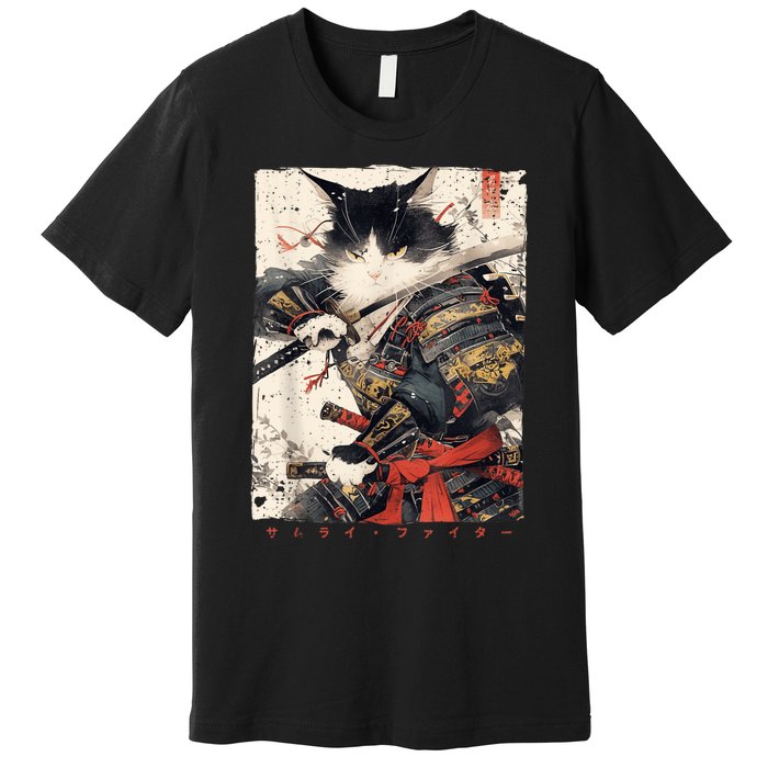 Samurai Cat Warrior Ukiyo Ink Artwork Cat Samurai Premium T-Shirt