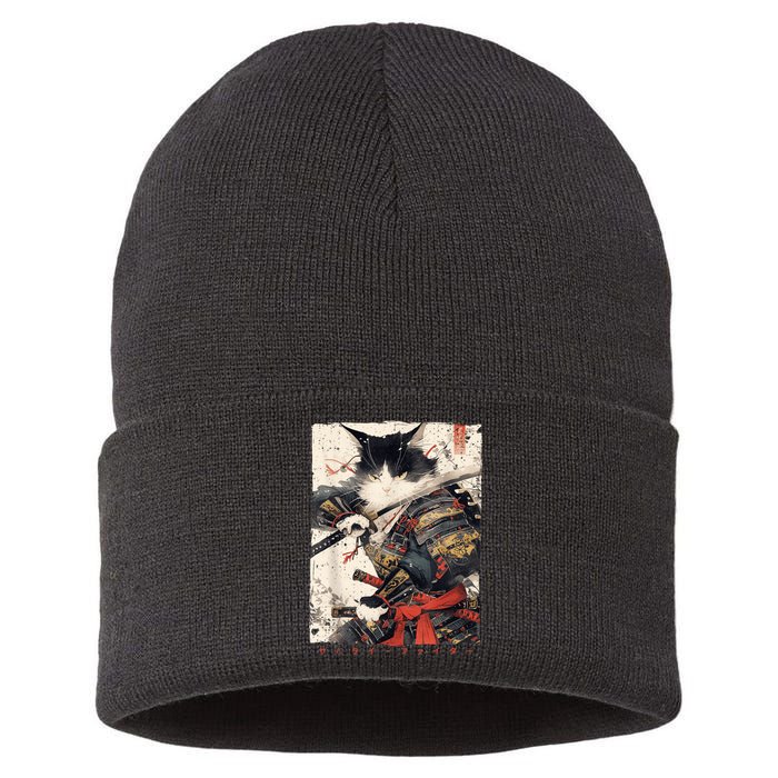 Samurai Cat Warrior Ukiyo Ink Artwork Cat Samurai Sustainable Knit Beanie