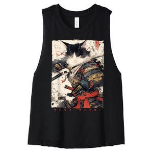 Samurai Cat Warrior Ukiyo Ink Artwork Cat Samurai Women's Racerback Cropped Tank