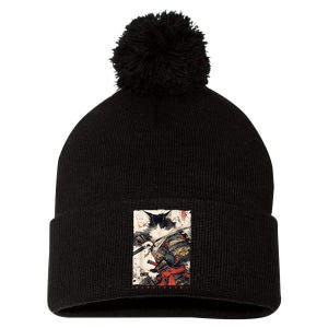 Samurai Cat Warrior Ukiyo Ink Artwork Cat Samurai Pom Pom 12in Knit Beanie