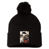 Samurai Cat Warrior Ukiyo Ink Artwork Cat Samurai Pom Pom 12in Knit Beanie