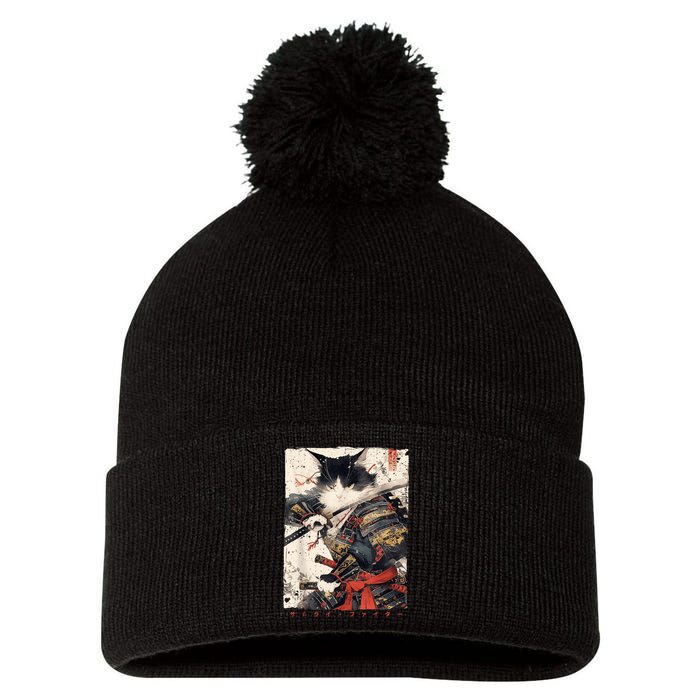 Samurai Cat Warrior Ukiyo Ink Artwork Cat Samurai Pom Pom 12in Knit Beanie